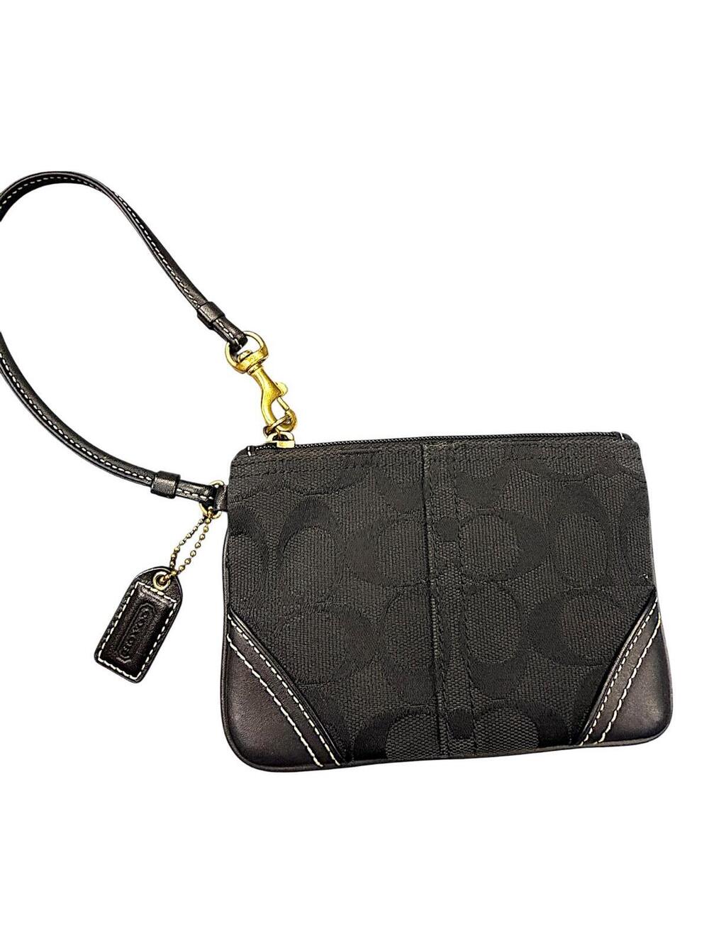 Coach Signature Canvas Zip Wristlet Pouch Black Leather Trim with COA